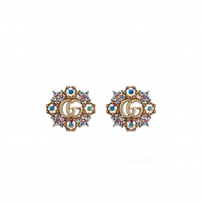 GUCCI DOUBLE G CRYSTAL FLOWER EARRINGS IN ANTIQUE GOLD TONE 753787